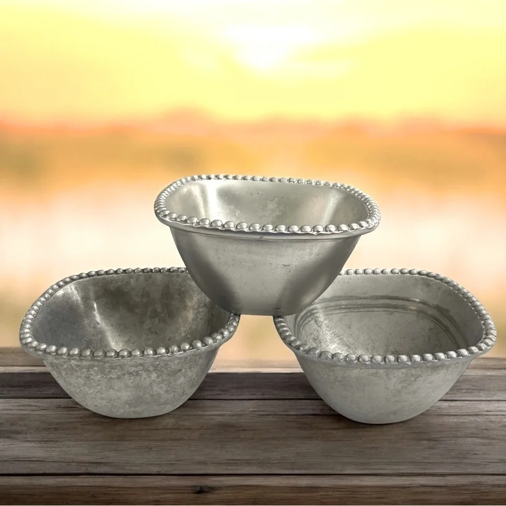 3 Vintage Beaded Silver Serving Bowls/ Planters 8” x 5” Square.
